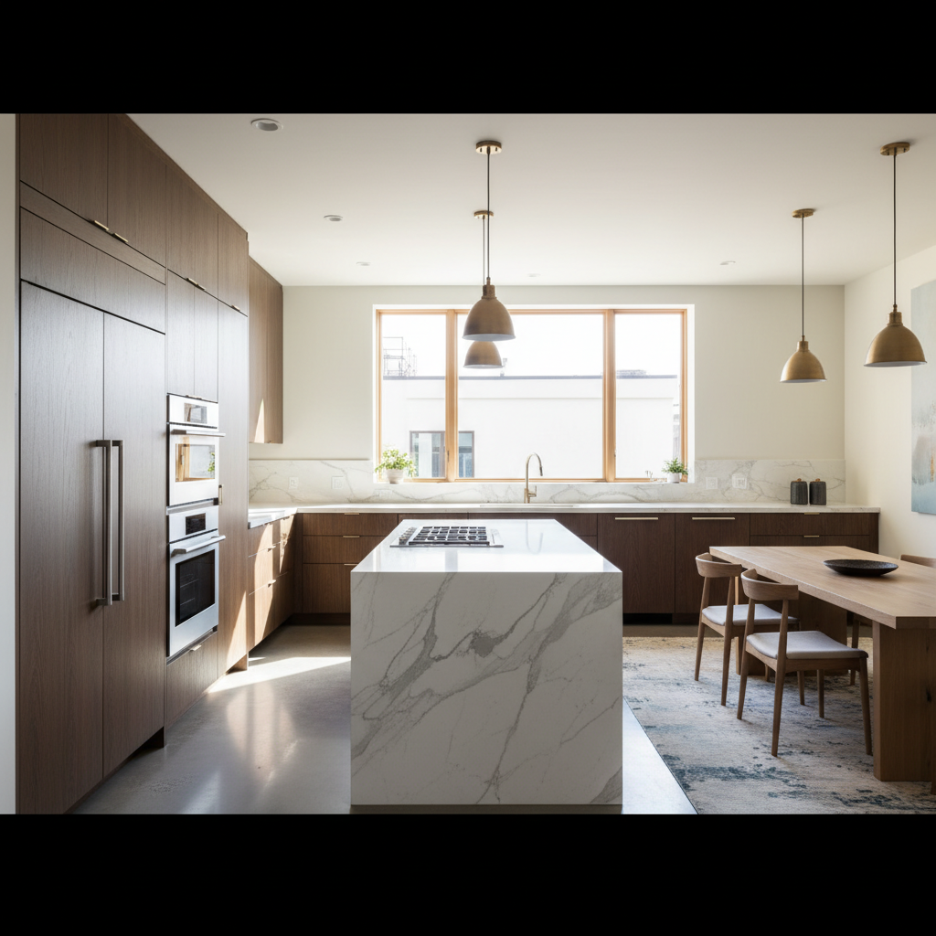 Bright upscale kitchen interior with integrated refrigerator