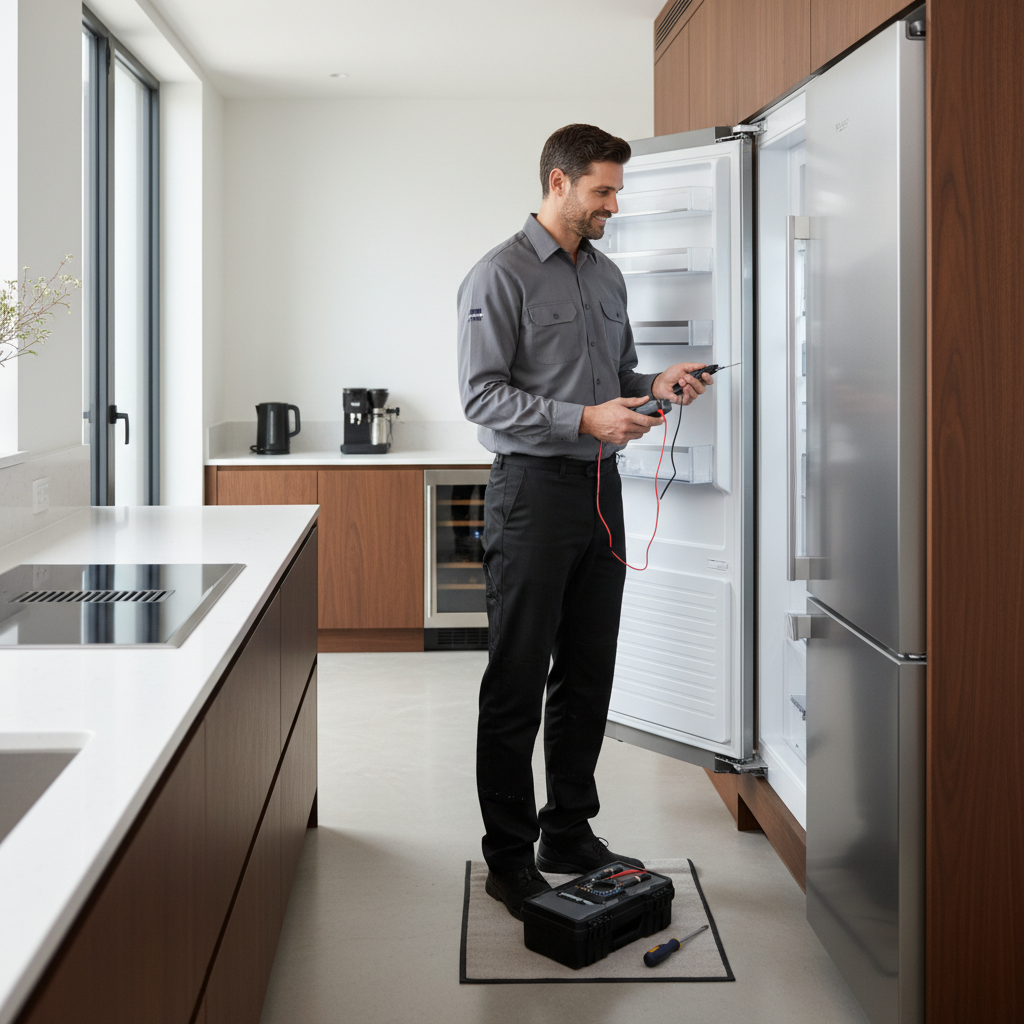 Professional appliance repair technician inspecting a built-in refrigerator